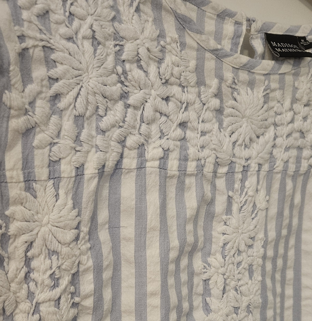 Madison Matthews Striped Blue and White Dress with Floral Embroidery- MEDIUM - Picture 6 of 7
